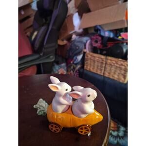 Vintage Ceramic Bunny Rabbit On A Carrot Cart Salt And Pepper Shakers